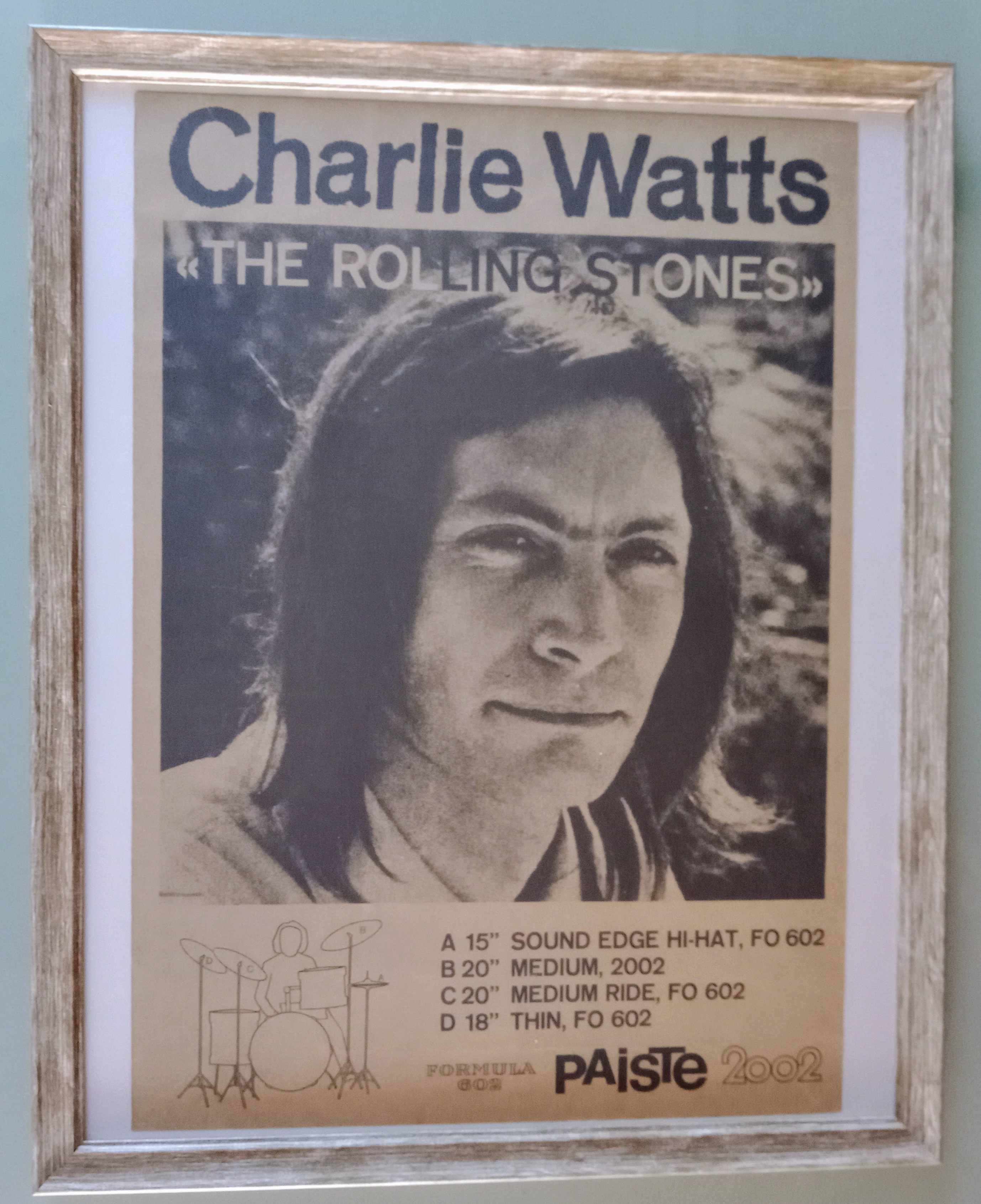 Pubblicità originale vintage della Paiste con set di piatti di Charlie Watts